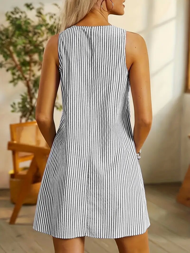 Round Neck Pocket Striped Overall Button Casual Jumpsuit Skirt